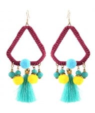 Threads Tassel and Beads Fashion Weaving Triangle Stud Earrings