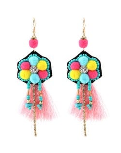Rhinestone Inlaid Threads Tassel and Coloful Fluffy Balls Dangling Fashion Earrings