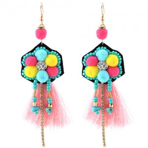 Rhinestone Inlaid Threads Tassel and Coloful Fluffy Balls Dangling Fashion Earrings