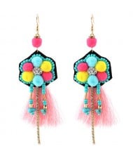 Rhinestone Inlaid Threads Tassel and Coloful Fluffy Balls Dangling Fashion Earrings