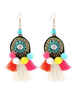 Colorful Fluffy Balls Thread Tassel and Coin Decorated Waterdrop Bohemian Fashion Earrings