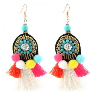 Colorful Fluffy Balls Thread Tassel and Coin Decorated Waterdrop Bohemian Fashion Earrings