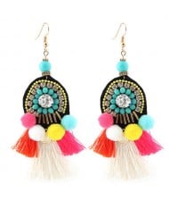 Colorful Fluffy Balls Thread Tassel and Coin Decorated Waterdrop Bohemian Fashion Earrings