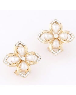 Czech Rhinestone Inlaid Oil-spot Glazed Golden Four-leaf Clover Ear Studs