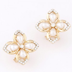 Czech Rhinestone Inlaid Oil-spot Glazed Golden Four-leaf Clover Ear Studs