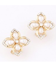 Czech Rhinestone Inlaid Oil-spot Glazed Golden Four-leaf Clover Ear Studs
