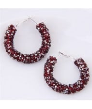 Dazzling Gem Fashion Hoop Earrings - Red Wine