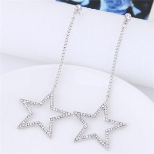 Rhinestone Embellished Dangling Dazzling Star Fashion Stud Eearrings - Silver
