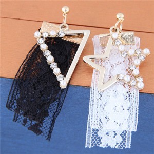 Contrast Color Lace Embellished Triangle and Pentagram Fashion Stud Earrings