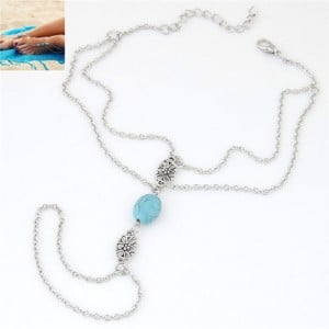 Artificial Turquoise and Hollow Flower Pendants Design Dual Layers Women Fashion Anklet