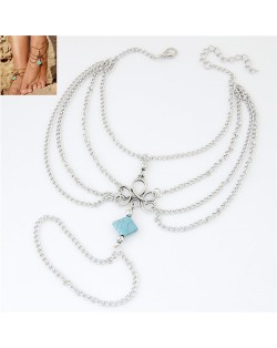 Square Artificial Turquoise Decorated Multi-layer Alloy Chain Fashion Women Anklet