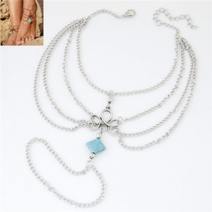 Square Artificial Turquoise Decorated Multi-layer Alloy Chain Fashion Women Anklet