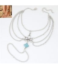 Square Artificial Turquoise Decorated Multi-layer Alloy Chain Fashion Women Anklet