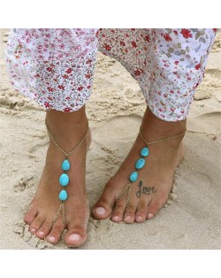 Vintage Triple Artificial Turquoise Beads Embellished High Fashion Women Anklet