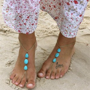 Vintage Triple Artificial Turquoise Beads Embellished High Fashion Women Anklet