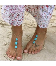 Vintage Triple Artificial Turquoise Beads Embellished High Fashion Women Anklet