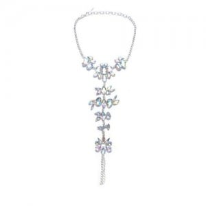 Rhinestone Flowers and Leaves Design Beach Style Women Anklet - Luminous White