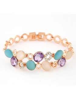 Elegant Colorful Gems Embelished Hollow Design Golden Bracelet