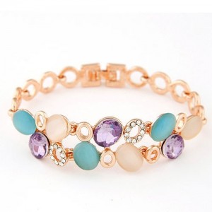 Elegant Colorful Gems Embelished Hollow Design Golden Bracelet