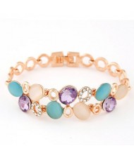 Elegant Colorful Gems Embelished Hollow Design Golden Bracelet