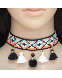 Colorful Mingled Squares Weaving Fashion Tassel Design Choker Necklace - Black and White