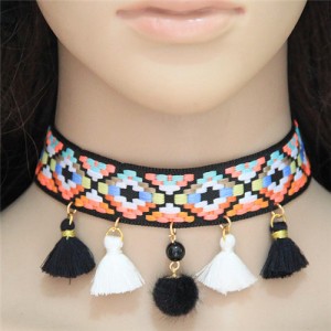 Colorful Mingled Squares Weaving Fashion Tassel Design Choker Necklace - Black and White
