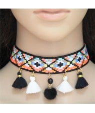 Colorful Mingled Squares Weaving Fashion Tassel Design Choker Necklace - Black and White