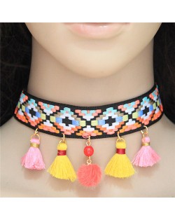 Colorful Mingled Squares Weaving Fashion Tassel Design Choker Necklace - Yellow and Pink