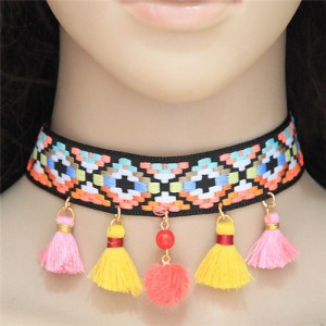 Colorful Mingled Squares Weaving Fashion Tassel Design Choker Necklace - Yellow and Pink