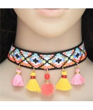 Colorful Mingled Squares Weaving Fashion Tassel Design Choker Necklace - Yellow and Pink