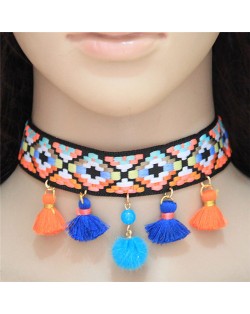 Colorful Mingled Squares Weaving Fashion Tassel Design Choker Necklace - Blue and Orange