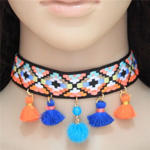 Colorful Mingled Squares Weaving Fashion Tassel Design Choker Necklace - Blue and Orange