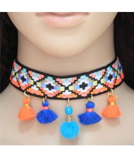 Colorful Mingled Squares Weaving Fashion Tassel Design Choker Necklace - Blue and Orange