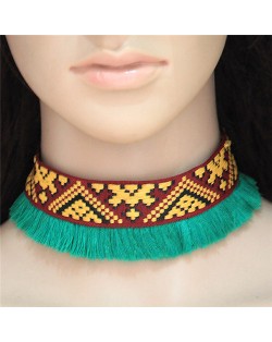 Abstract Mingled Image Prints Tassel Fashion Choker Necklace - Green