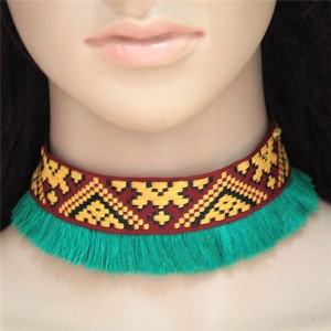 Abstract Mingled Image Prints Tassel Fashion Choker Necklace - Green