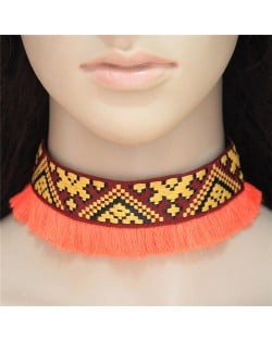 Abstract Mingled Image Prints Tassel Fashion Choker Necklace - Orange