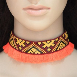 Abstract Mingled Image Prints Tassel Fashion Choker Necklace - Orange