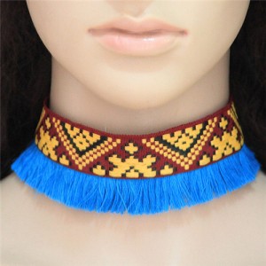 Abstract Mingled Image Prints Tassel Fashion Choker Necklace - Blue