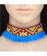 Abstract Mingled Image Prints Tassel Fashion Choker Necklace - Blue