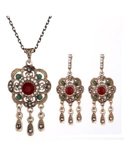 Graceful Vintage Hollow Flower with Tassel Design Costume Necklace and Earrings Set - Red