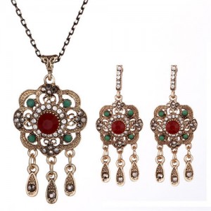Graceful Vintage Hollow Flower with Tassel Design Costume Necklace and Earrings Set - Red