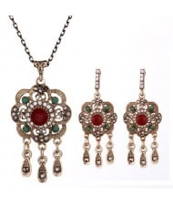 Graceful Vintage Hollow Flower with Tassel Design Costume Necklace and Earrings Set - Red