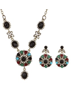 Resin Gems and Rhinestone Embellished Vintage Floral Style Costume Necklace and Earrings Set - Black