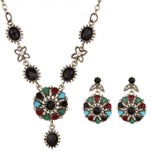 Resin Gems and Rhinestone Embellished Vintage Floral Style Costume Necklace and Earrings Set - Black