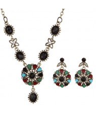 Resin Gems and Rhinestone Embellished Vintage Floral Style Costume Necklace and Earrings Set - Black