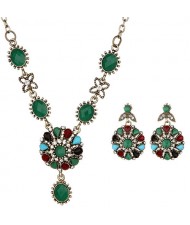 Resin Gems and Rhinestone Embellished Vintage Floral Style Costume Necklace and Earrings Set - Green