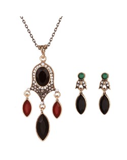 Gem Embellished Leaf Style Fashion Necklace and Earrings Set - Black