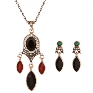 Gem Embellished Leaf Style Fashion Necklace and Earrings Set - Black