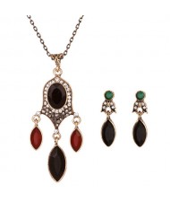 Gem Embellished Leaf Style Fashion Necklace and Earrings Set - Black
