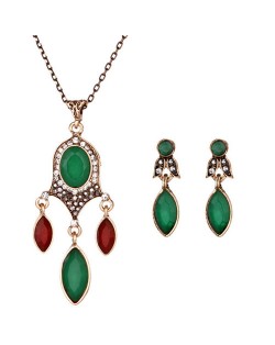 Gem Embellished Leaf Style Fashion Necklace and Earrings Set - Green